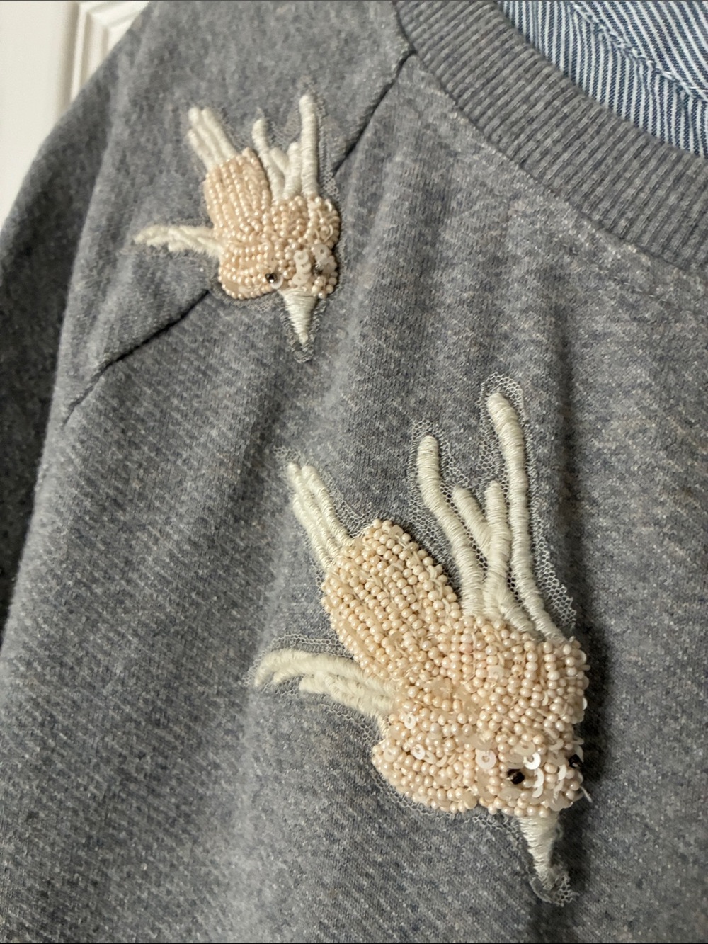 Anthropologie Floreat Gray Layered Embroidered Short-Sleeve Sweatshirt M - Picture 5 of 11